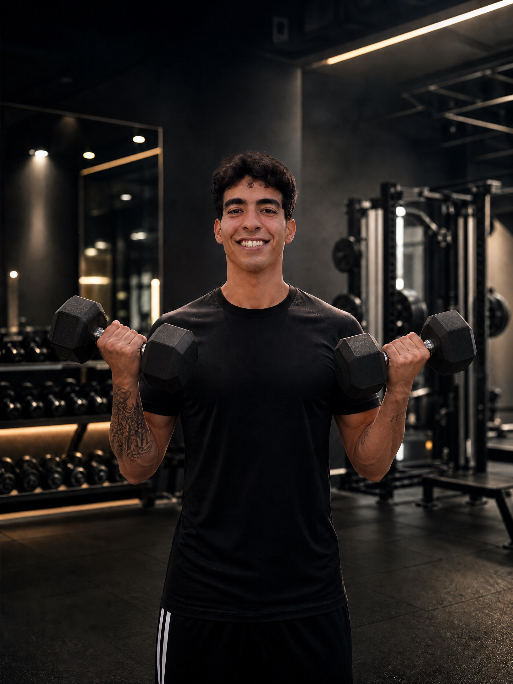 Leo Lucas sorrindo enquanto levanta dois halteres em uma academia moderna com iluminação dramática